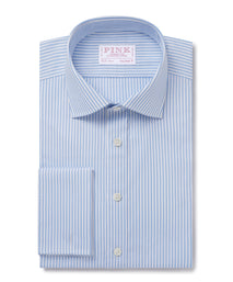 Pale Blue & White Tailored Fit Double Cuff Essential Bengal Stripe Formal Shirt